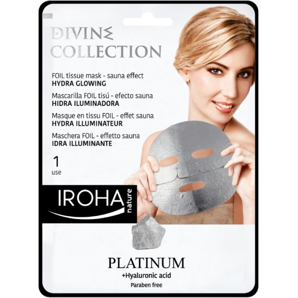 Skaistinanti ihoa kasvonaamio Iroha Divine Collection FOIL Tissue Mask Hydra Glowing, platinalla ja hyaluronihapolla, 25 ml