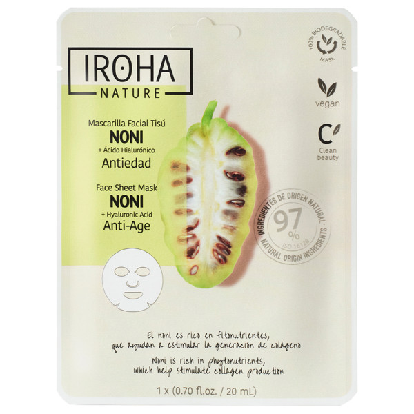 Stangrinamoji kasvonaamio Iroha Anti-Age Face Sheet Mask With Noni & Hyaluronic Acid, morindan ja hyaluronihapon kanssa