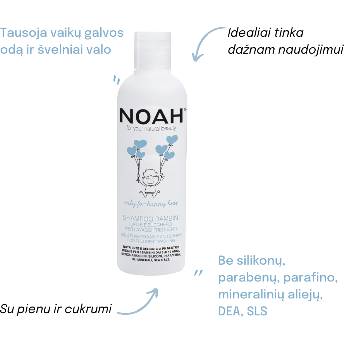 Noah Kids Shampoo Milk And Sugar For Frequent Washing Lasten ravitseva shampoo maidolla ja sokerilla tiheään käyttöön, 250 ml