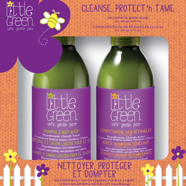 Little Green Cleanse, Protect'n Tame setti hiusten hoitoon lapsille: shampoo-suihkugeeli, 240 ml ja kampaamista helpottava tuote, 240 ml