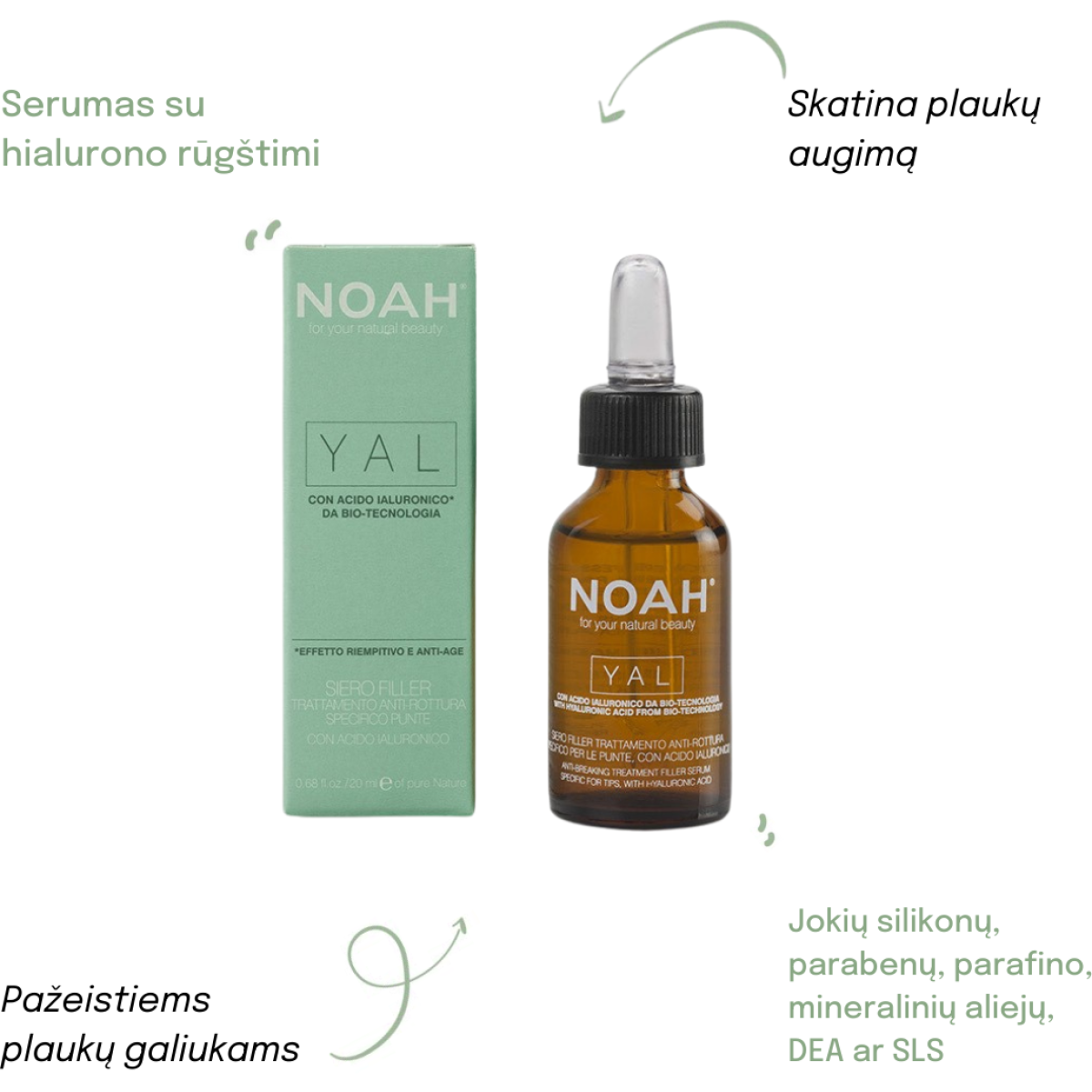 Noah YAL Anti-Breaking Filler Serum Korjaava hyaluronihapposeerumi katkeileville ja vaurioituneille hiuksille, 20 ml