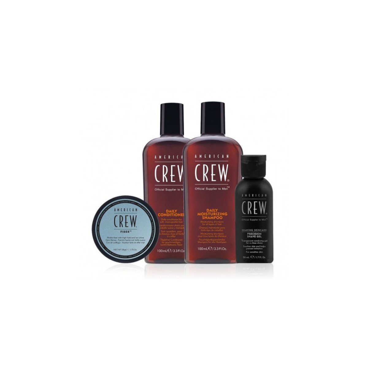 Essential Set American Crew: Daily Hair Conditioner For Moisturizing, 100 ml + Daily Hair Shampoo For Hydration, 100 ml + Fiber Hair Styling Pomade For Styling Strong Hold, 50 ml + Precision Soothing Shaving Gel, 50 ml